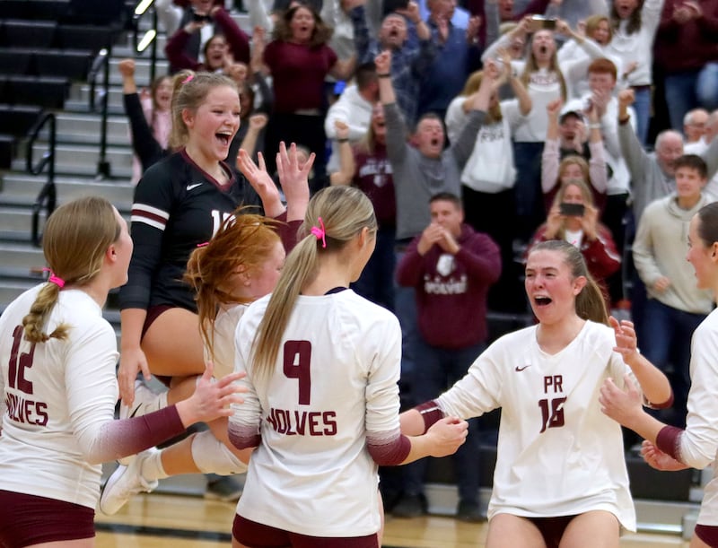 Prairie Ridge’s Wolves polish off a win against St. Viator in IHSA Class 3A Super-Sectional girls volleyball at Streamwood High School in Streamwood on Monday, November 10, 2025.