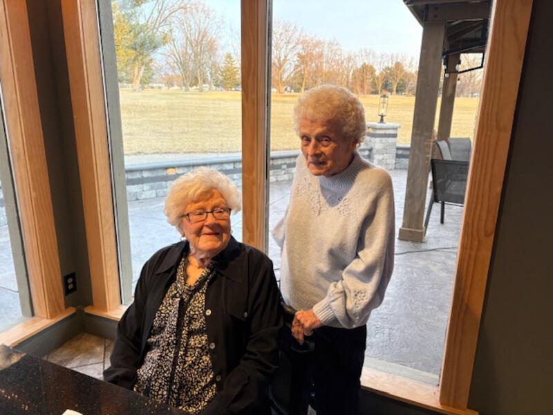The two remaining members of the Rochelle Township High School class of 1943 recently met at Luna in Rochelle to celebrate another year. Norma Leonard Peters (sitting) and Ginny Dodge Kettleson were classmates and close friends then and now.