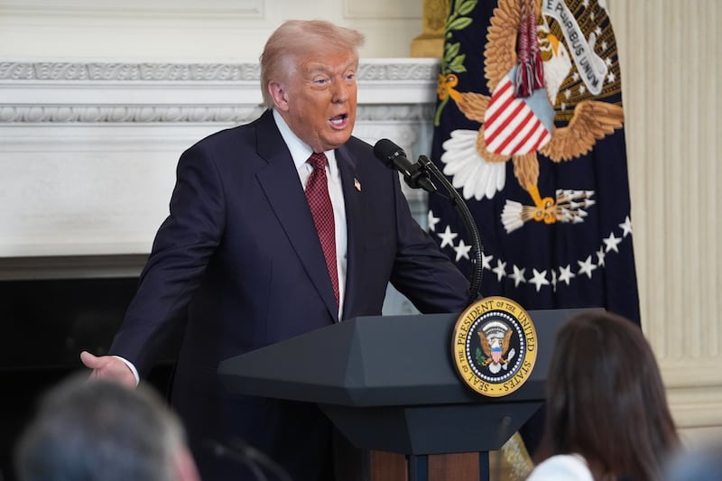 President Donald Trump speaks during a breakfast with Senate and House Republicans in the State Dining Room of the White House, Wednesday, Nov. 5, 2025, in Washington. (AP Photo/Evan Vucci)