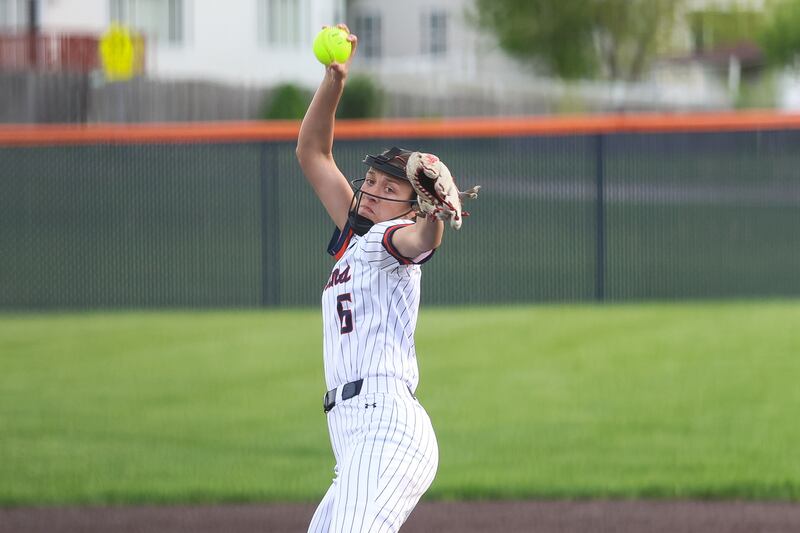 Romeoville’s Lilly Roberts delivers a pitch against Joliet Central on Tuesday, April 28, 2026 in Romeoville.
