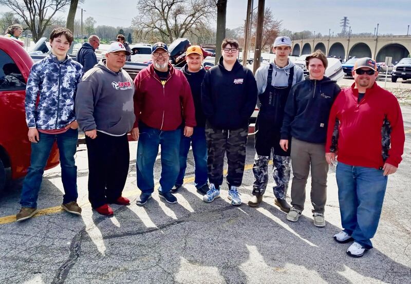Members of the LaMoille bass fishing team competed in their first tournament of the fishing series with Bass Nation at Lake Springfield. Sixty seven boats competed. Team members are Rodney Shafer (from left), Coach Denny Boyles, Todd Peterson, Gavin Leffelman, Colton Ladson, Brayden Alstrom, Tate Sundberg and Chris Leffelman.