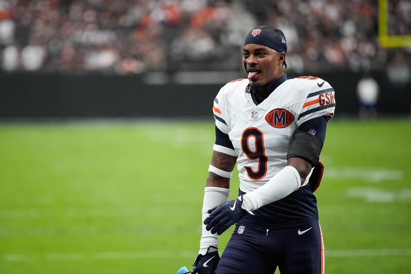 Chicago Bears safety Jaquan Brisker (9) walks on the field before the team's NFL football game against the Las Vegas Raiders Sunday, Sept. 28, 2025, in Las Vegas. (AP Photo/John Locher)