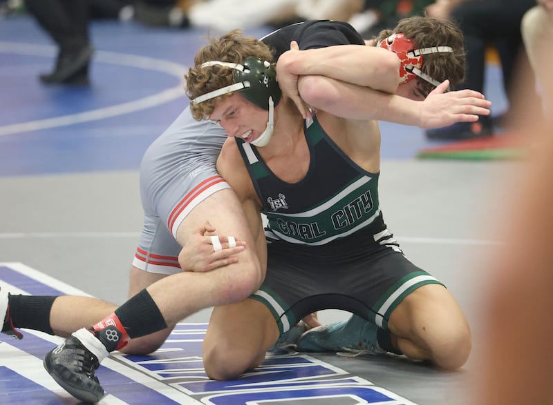 Coal City's Brody Widlowski wrestles Vandalia's Brody Widlowski during the 62nd annual Lyle King Princeton Invitational boys tournament on Saturday, Jan. 10, 2026 at Princeton High School.