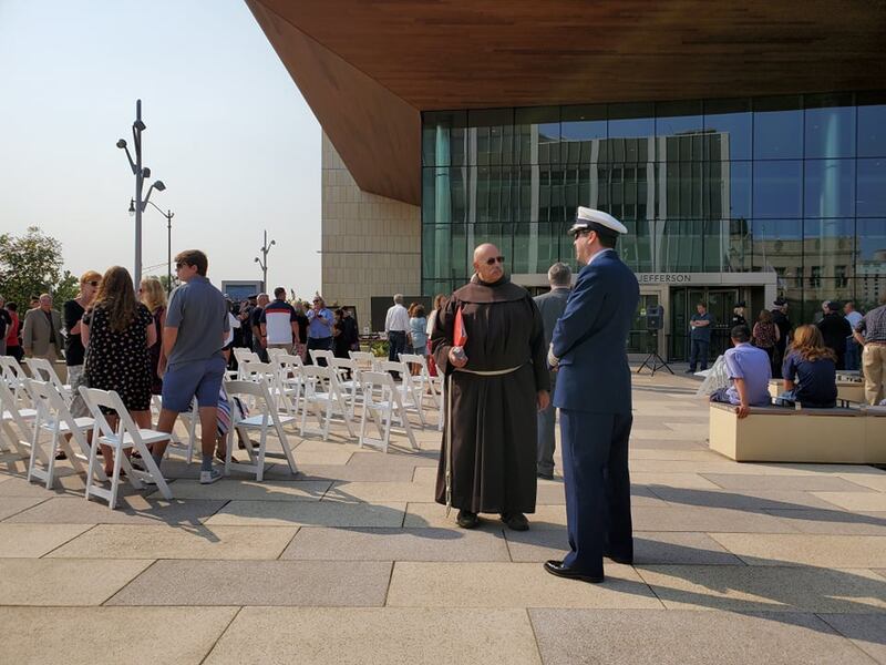 Brother Ed Arambasch, chaplain for the Joliet Fire Department, was the guest speaker for remembrance ceremony in commemoration of the 20th anniversary of Sept. 11, 2001 at the Will County courthouse on Saturday. Arambasich had served for four weeks at Ground Zero in New York City six months after the attacks and shared some of his experiences. He then talked to participants after the ceremony.
