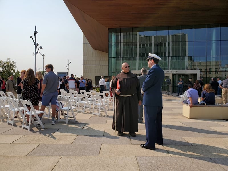 Brother Ed Arambasch, chaplain for the Joliet Fire Department, was the guest speaker for remembrance ceremony in commemoration of the 20th anniversary of Sept. 11, 2001 at the Will County courthouse on Saturday. Arambasich had served for four weeks at Ground Zero in New York City six months after the attacks and shared some of his experiences. He then talked to participants after the ceremony.