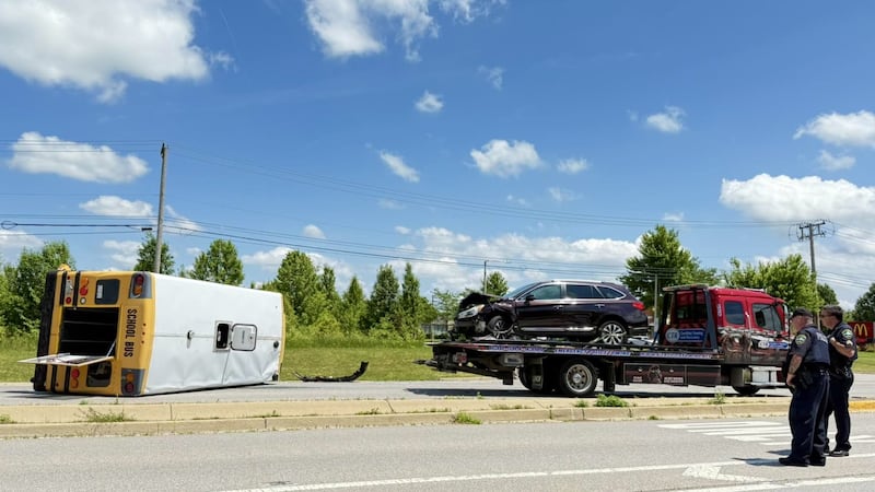 A collision between a yellow bus and an SUV, near the intersection of East Park Ave. and Route 47 in Sugar Grove Wednesday, June 25, 2025, caused the bus to rollover on the northbound lane of Route 47.