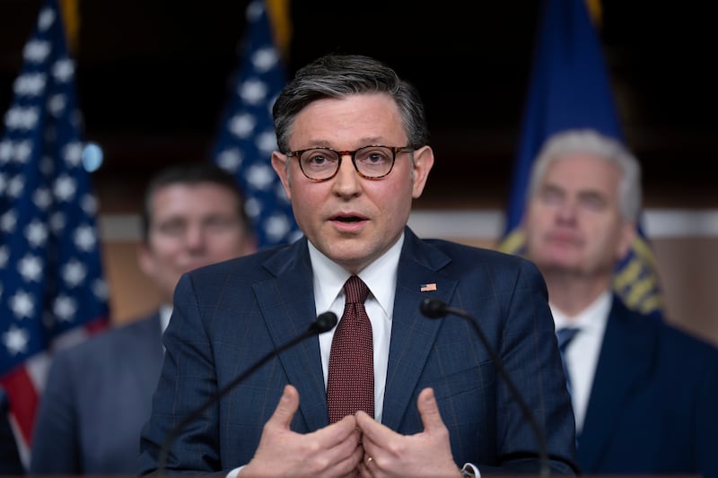 Speaker of the House Mike Johnson, R-La., speaks during as news conference at the Capitol in Washington, Wednesday, March 25, 2026. (AP Photo/J. Scott Applewhite)