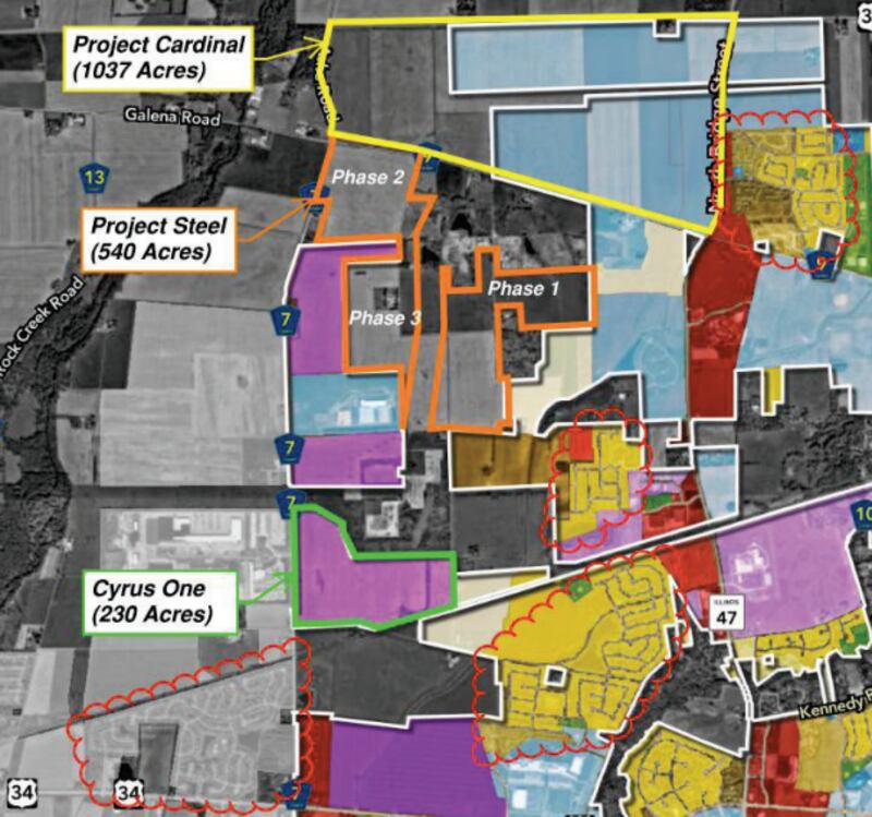 Project Cardinal is a 1,037 acre data center proposal in the Yorkville area. Project Steel is a nearby 540 acre data center proposal. The CyrusOne data center has already been approved by city officials.