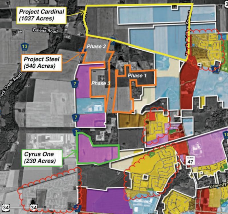 Project Cardinal is a 1,037 acre data center proposal in the Yorkville area. Project Steel is a nearby 540 acre data center proposal. The CyrusOne data center has already been approved by city officials.