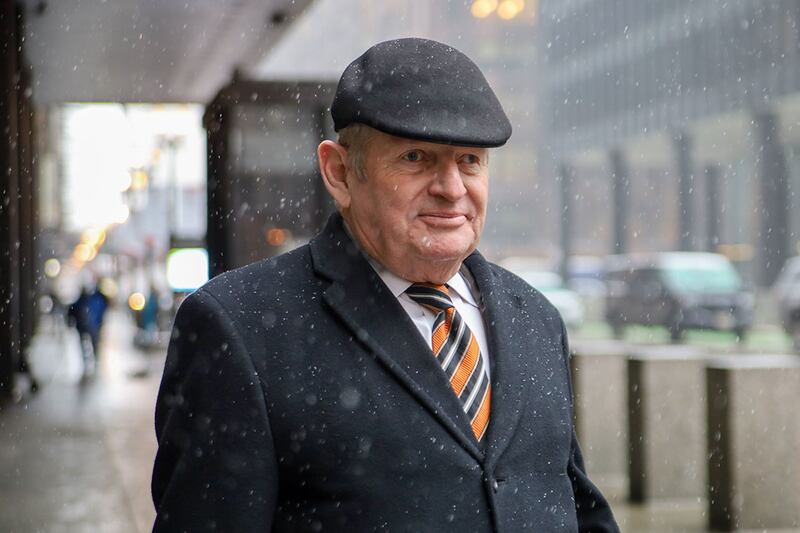 Mike McClain, a longtime Springfield lobbyist and confidant to ex-Illinois House Speaker Michael Madigan, exits the Dirksen Federal Courthouse on Wednesday, Feb. 12, after a jury deadlocked on all six corruption charges alleged against both him and Madigan. But McClain was convicted on related charges in the “ComEd Four” trial in 2023 and faces sentencing later this month.