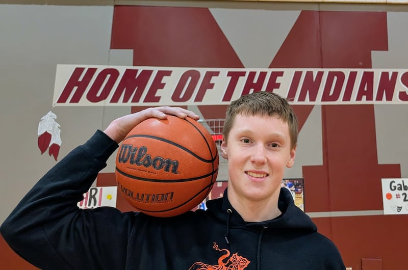 Marengo basketball player Parker Weadge poses for a picture after practice Wednesday, Jan. 28, 2026, at Marengo. The junior center recently set the single-season school record for rebounds.