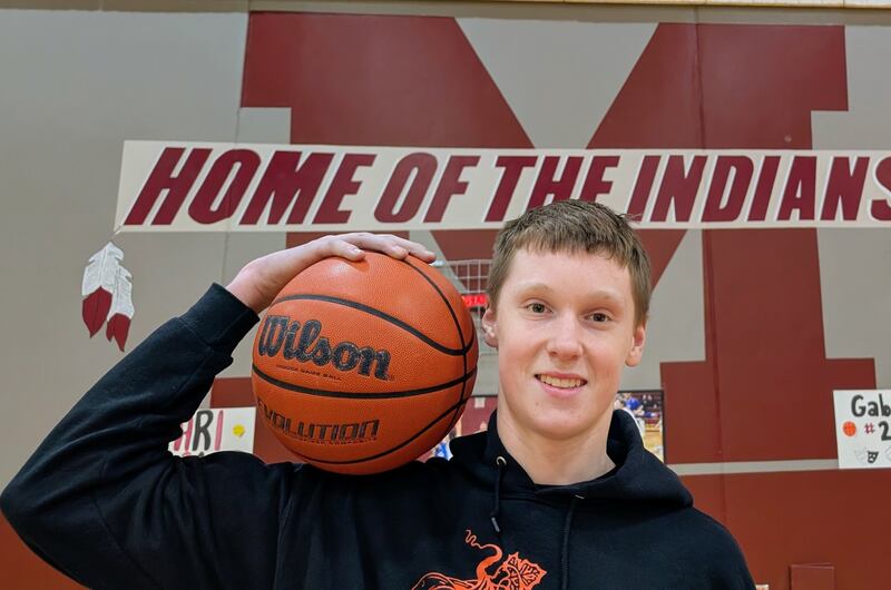Marengo basketball player Parker Weadge poses for a picture after practice Wednesday, Jan. 28, 2026, at Marengo. The junior center recently set the single-season school record for rebounds.