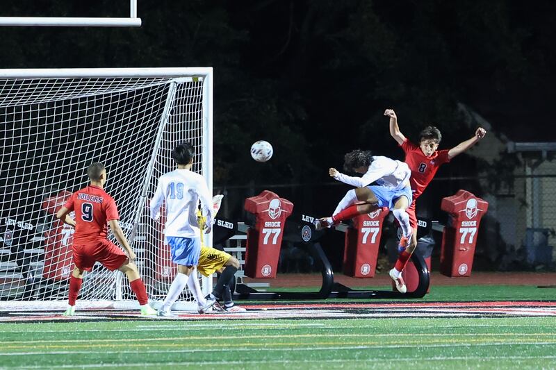 Bradley-Bourbonnais' Guadalupe Valadez (8), at right, redirects a crossed ball under pressure from Kankakee's Yael Calderon to score the game-winning goal during the Boilermakers' 1-0 victory over the Kays in the All-City match on Tuesday, Sept. 9, 2025.