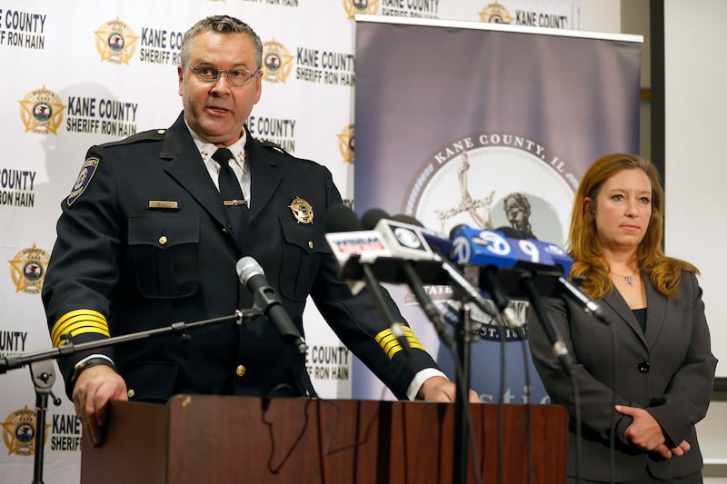 Kane County State's Attorney Jamie Mosser and Kane County Sheriff Ron Hain announce their findings during a press conference Friday, April 11, 2025 at the Kane County Sheriff's Office in St. Charles Ill that three Kane County deputies were justified when they shot and killed James Moriarty on May 24, 2023 on Randall Road in Batavia.