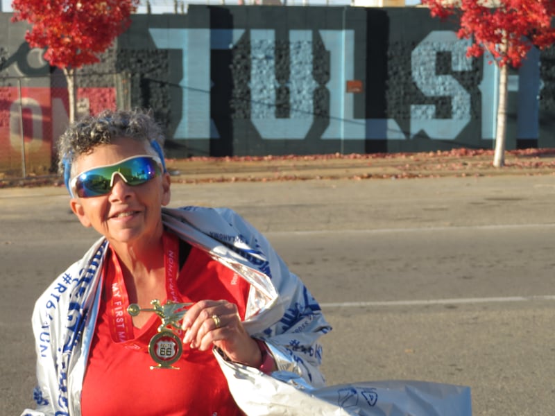 Oswego resident Jerri Lynn Baker, shown here at the 2017 Route 66 Marathon in Tulsa, will be traveling to Champaign-Urbana for the Christie Clinic Illinois Race Weekend, taking place April 24-26. She is celebrating her 65th birthday this week and also a 20-year survivor of Stage IV oral cancer.