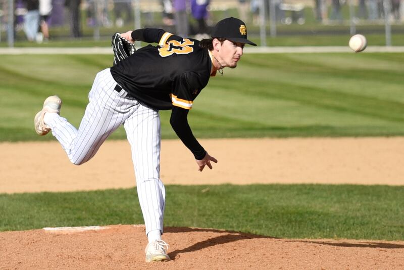 Reed-Custer's Alex Bielfeldt throws a pitch during a game at Manteno Monday, April 14, 2025.