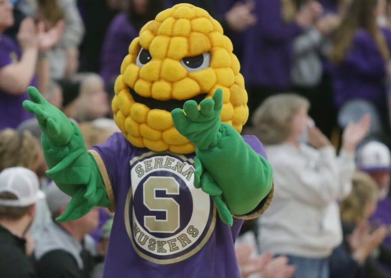 Serena Huskers mascot Bob the Cob fires up the crowd Monday, Feb. 28, 2022, in Serena.