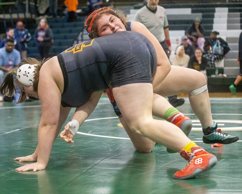 Ottawa's Juliana Thrush wrestles Peyton Kuetzlo, of Minooka, for first place in the 235-weight class at the girls wrestling sectional meet last season at Geneseo High School.