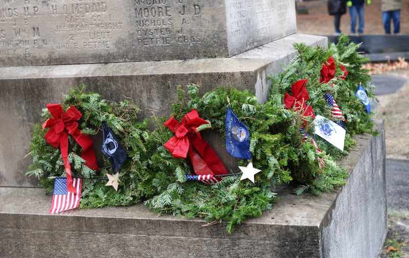 Wreaths were placed at the base of the Veterans Memorial at Daysville Cemetery for each branch of the services during the Wreaths Across America program on Saturday Dec. 14, 2024.