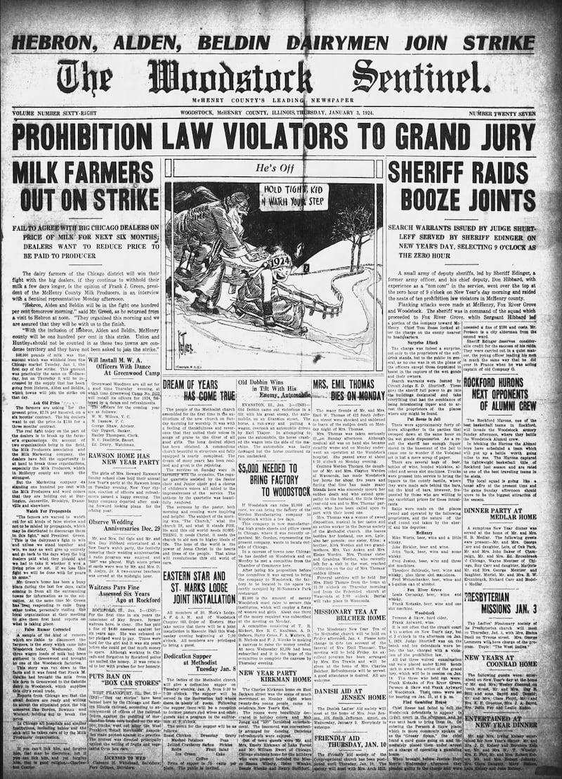The front page of The Woodstock Sentinel on January 3, 1924
