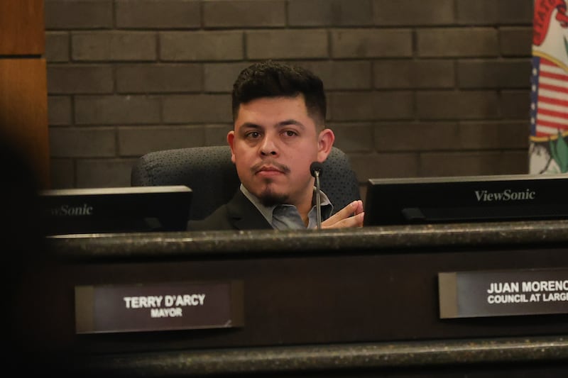Joliet City Council member Juan Moreno sits in on the Joliet City Council Meeting on Tuesday, Dec. 16, 2025 in Joliet.