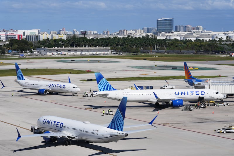 United Airlines aircraft move from the gate at Fort Lauderdale-Hollywood International Airport, Thursday, Nov. 13, 2025, in Fort Lauderdale, Fla. (AP Photo/Lynne Sladky)