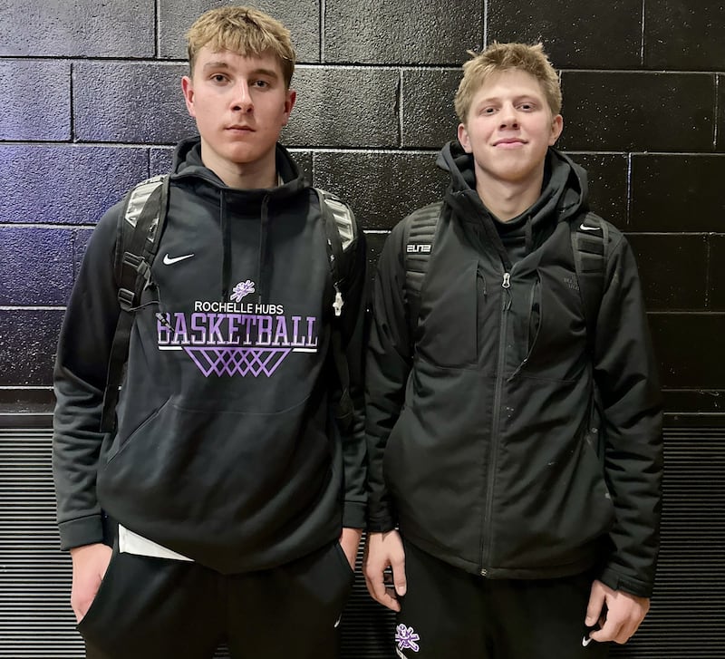 Rochelle's Warren Schweitzer (left) and Brody Bruns (right) combined for 22 rebounds and 8 blocks during the team's 70-66 win over Dundee-Crown in double overtime Wednesday evening.