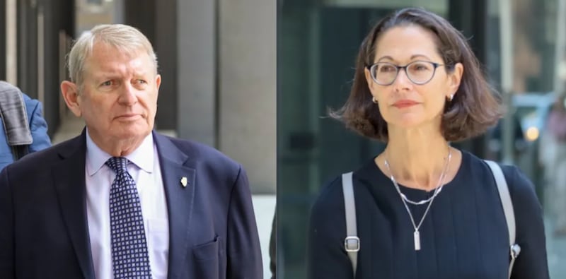 Lobbyist Mike McClain and former Commonwealth Edison CEO Anne Pramaggiore leave Chicago’s Dirksen Federal courthouse in July 2025 after both were sentenced to two years in prison in connection to a bribery scheme centered on former Illinois House Speaker Michael Madigan.