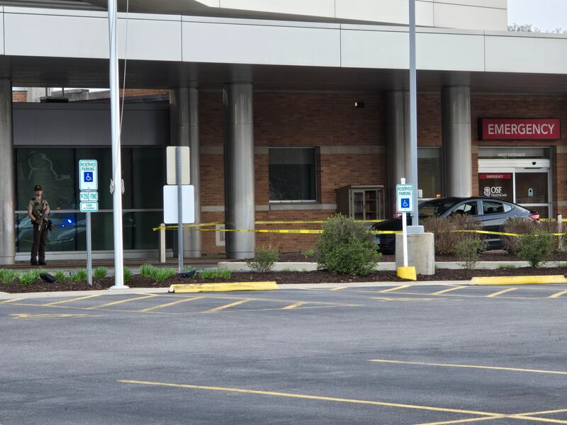 Police have taped off the emergency room entrance Sunday, April 20, 2025, to OSF Center for Health-Streator.