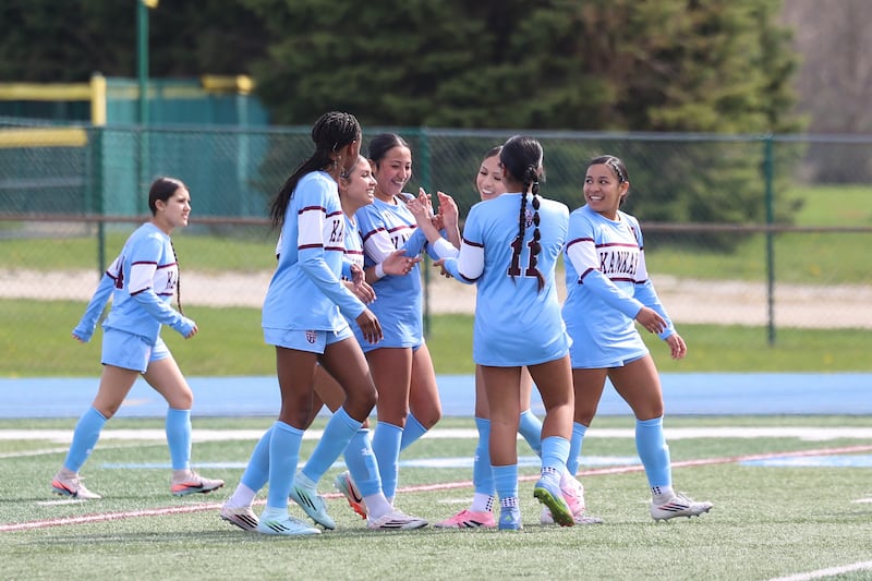 Kankakee players celebrate a goal during the Kays' 8-0 victory over Bishop McNamara in the final All-City match on Saturday, April 11, 2026.