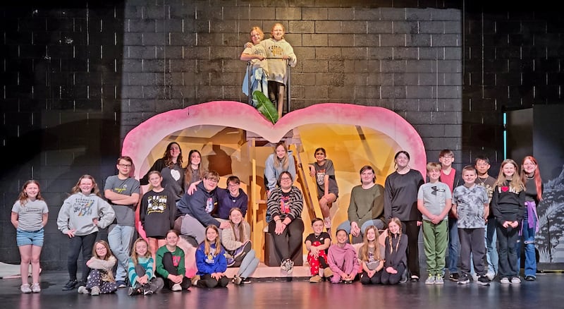 Putnam County students will perform "James the Giant Peach." The cast includes (front, from left) Lily Margis, Lilly Askeland, Colette Gapinski, Reagan Doehling, Maizy Urnikis, Giada Wright and Harper Heuser, (second, from left) Bella Godina, Phaelynne Messick, Ryan Oliver, and Madalyn Holst, (right of peach) TJ Kramarsic, Levi Nicoli, and AJ Lewis, (third row, from left) Makenna Goulding, Seth Saepharn, Roberth Ruiz and Payton Smith. Inside the peach (seated from left) Anna Sandberg, Eric Vipond, Nolan Bence, Nora Bertalot, Knox Hopkins and Garret Luke, (inside the peach standing) Phoebe Kammer, Lisa Myres, Diana Ely, Kynzie Thomas, (top of the peach) Penelope Bird and Reese Lenkaitis.