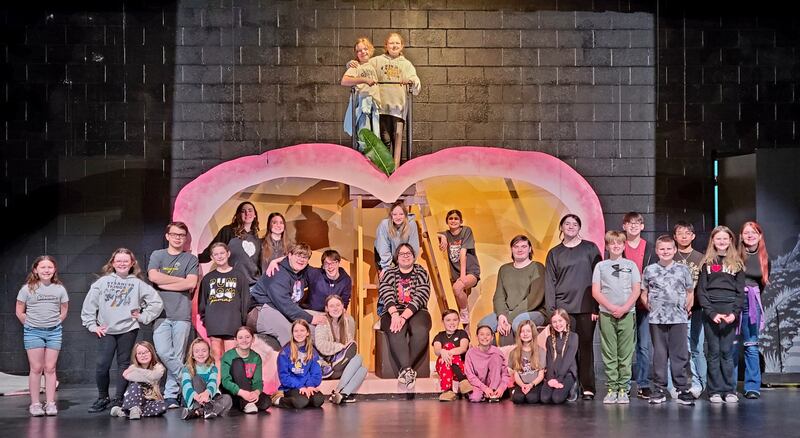 Putnam County students will perform "James the Giant Peach." The cast includes (front, from left) Lily Margis, Lilly Askeland, Colette Gapinski, Reagan Doehling, Maizy Urnikis, Giada Wright and Harper Heuser, (second, from left) Bella Godina, Phaelynne Messick, Ryan Oliver, and Madalyn Holst, (right of peach) TJ Kramarsic, Levi Nicoli, and AJ Lewis, (third row, from left) Makenna Goulding, Seth Saepharn, Roberth Ruiz and Payton Smith. Inside the peach (seated from left) Anna Sandberg, Eric Vipond, Nolan Bence, Nora Bertalot, Knox Hopkins and Garret Luke, (inside the peach standing) Phoebe Kammer, Lisa Myres, Diana Ely, Kynzie Thomas, (top of the peach) Penelope Bird and Reese Lenkaitis.