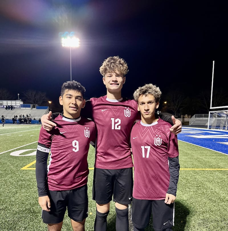 Wheaton Academy's Luke Rodriguez, Paul Stefurak and Aksel Escareno (left to right) combined for four goals during the team's 4-3 win over Harvard in the IHSA 2A boys soccer sectional semifinal at Geneva.
