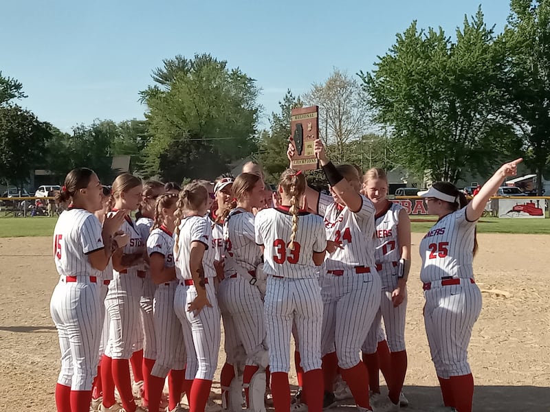 The Fulton Steamers celebrate winning a 1A regional softball title Friday, May 23, 2025, after beating Putnam County 10-1 at Drives Park in Fulton.