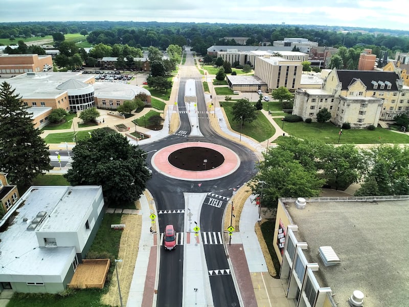 A roundabout at Lucinda Avenue and Normal Road on Northern Illinois University campus in DeKalb opened to motorists Aug. 20, 2025, in time for the fall semester.