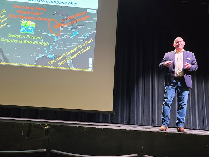 Robert Sinkler speaks Thursday, March 27, 2025, during Putnam County Rotary's Ag Night about the Illinois Waterway Ports Commission.