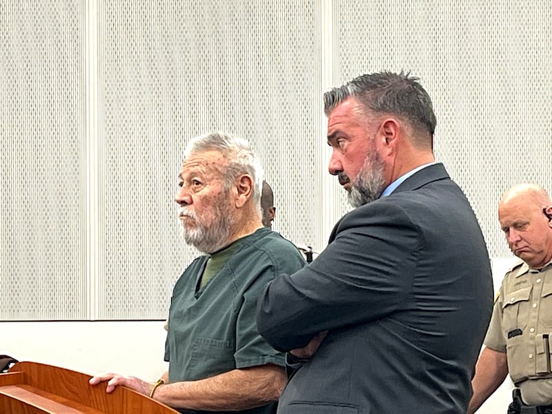 Gilbert Bernal, 82, of Michigan, with his attorney, Dave Carlson, during a court hearing on Jan. 28, 2026 at the Will County Courthouse in Joliet.