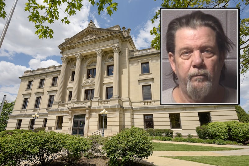 Mark E. Rowland, 67, of Genoa, was arrested on March 15, 2026, and charged with five crimes, including one count of aggravated battery, a Class X felony, according to a Genoa Police Department news release. (Inset photo provided by DeKalb County Jail)