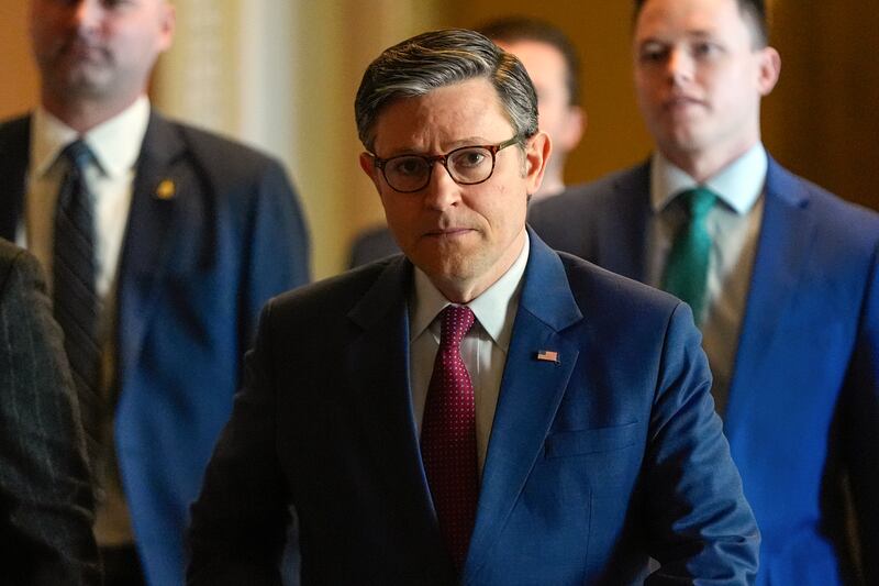 Speaker of the House Mike Johnson, R-La., walks through the Capitol, Monday, March 3, 2025, in Washington. (AP Photo/Julia Demaree Nikhinson)