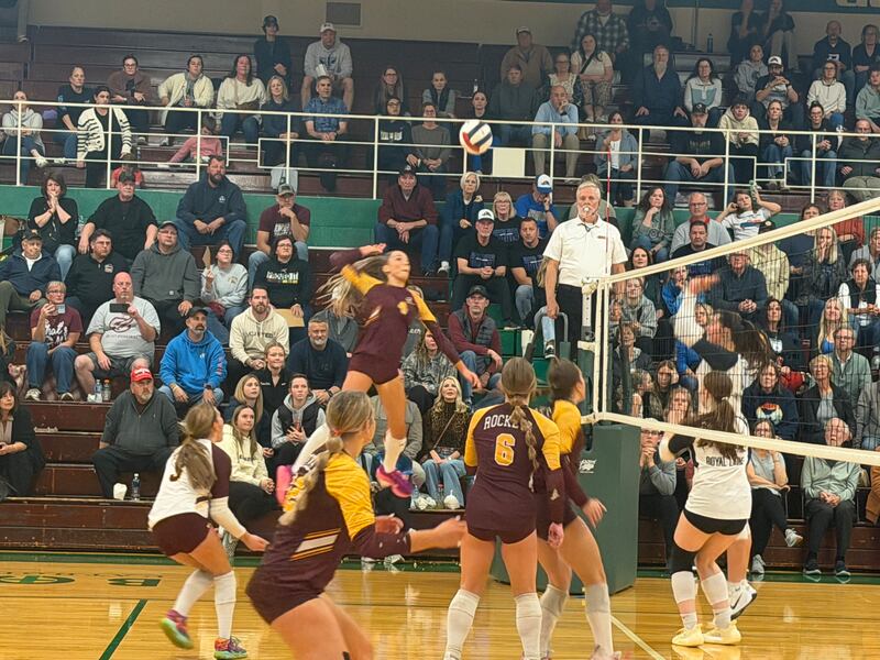 Richmond-Burton's Dani Hopp goes up for a kill against Rockford Christian on Thursday, Nov. 6, 2025, at the Class 2A Boylan Sectional final in Rockford.