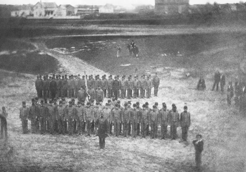 This rare photo from May 9, 1861, shows Company B at Camp Dement in Dixon, next to Oakwood Cemetery. Sporting their new uniforms made by “the ladies of Sterling,” the company was comprised primarily of recruits from Sterling. A large print of this photo hangs in the Loveland Museum in Dixon.