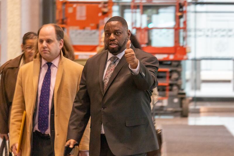 State Sen. Emil Jones III leaves the Dirksen Federal Courthouse on Thursday, April 17, after finishing three days of testifying in his own defense at his corruption trial. Closing arguments are set for Monday.