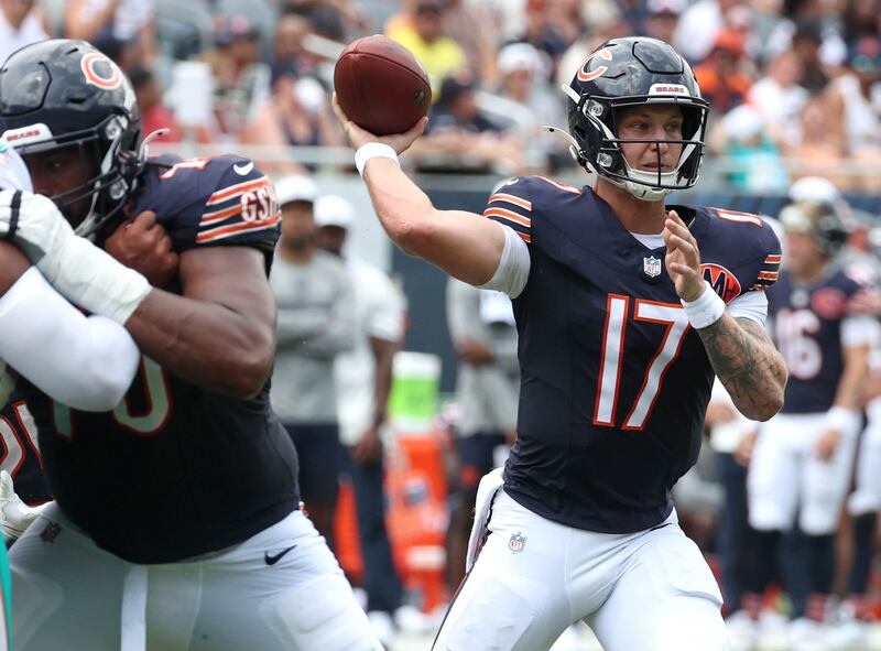 Chicago Bears quarterback Tyson Bagent throws a pass Sunday, Aug. 10, 2025, during their preseason game against the Miami Dolphins at Soldier Field in Chicago.