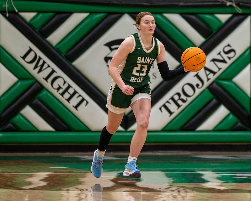 St. Bede's Lili McClain (23) dribbles ball down court on Monday, January 19, 2026 at the Krese Memorial Gymnasium in Dwight.