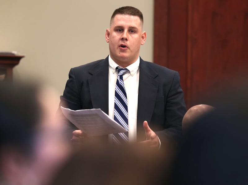 Former police officer James Corralejo addresses the family of Graciela Reza Contreras during a statement prior to his sentencing Thursday, July 17, 2025, at the DeKalb County Courthouse in Sycamore. Corralejo was sentenced to four years in prison for a Class 2 felony count of driving under the influence of alcohol causing death for a 2023 crash that killed Reza Contreras.