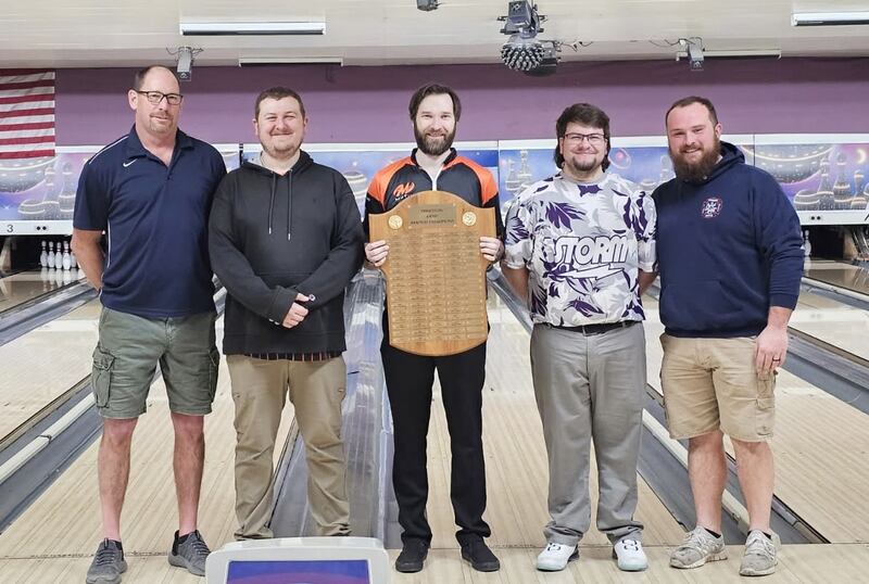 Mike McClure (center) won his Princeton Masters Bowling championship. Allen Layton (left) was fifth, JT Dant was third, Trenton Acuncius finished second and AJ Egan was fourth.
