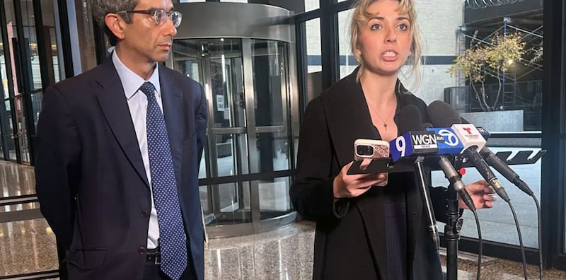 Former 9th District Congressional candidate Katherine “Kat” Abughazaleh addresses reporters following her Nov. 12, 2025 arraignment hearing in Chicago.