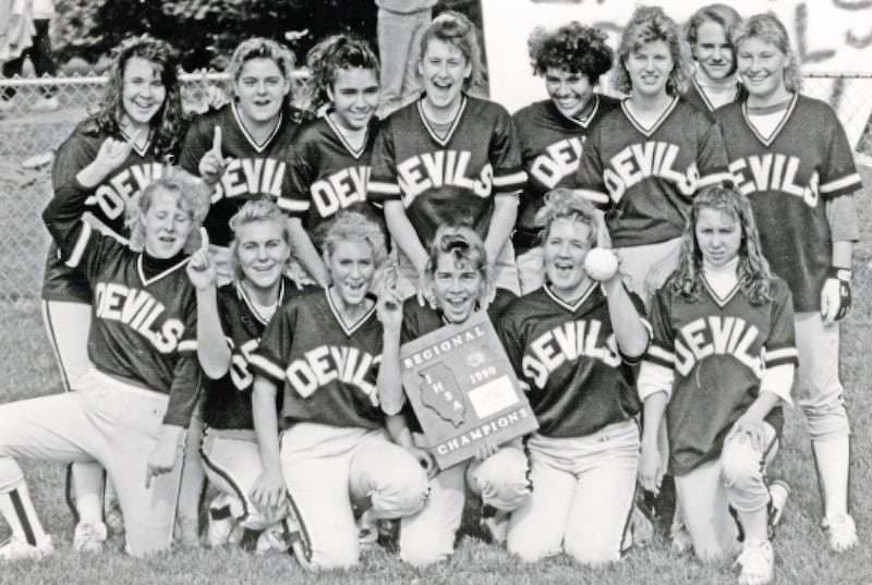 The 1990 Hall softball team was undefeated NCIC champions and played its way back to stater. They are being inducted into the Hall High School Hall of Fame. Team members are (front row, from left) Gena Filippini, Kerry Carlson, Lynn Hewitt, Stacie Ring, Wendy Becker and Gina Rogers; and (back row) Cindy Wertz, Margaret Stergulz, Chelle Mixon, Joanna Walsh, Morena Andrade, Tricia Ziel, Theresa Zeglis and Penny Booker.
