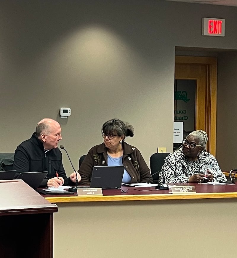 Third Ward Alderpersons Marvin Barnes and Nancy Copple, as well as 4th Ward Alderwoman Virginia Sherrod, talk minutes before a Sycamore City Council meeting on Oct. 20, 2025.