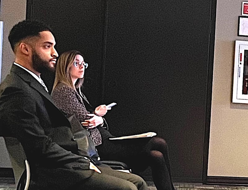 Joliet Police Officer Alfonso Sanchez sits at the Monday, Jan. 13, 2025 meeting for the Board of Fire and Police Commissioners at Joliet City Hall.